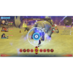 In-game battle scene: player targets a large boss bear, with party HP bars on the left and a circular action button in the center labeled 'B'.