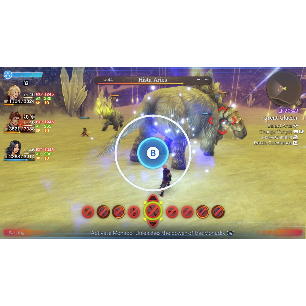 In-game battle scene: player targets a large boss bear, with party HP bars on the left and a circular action button in the center labeled 'B'.