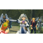 Group of winged fantasy characters standing in a forest, with a central female in white armor and blue accents leading the pose.