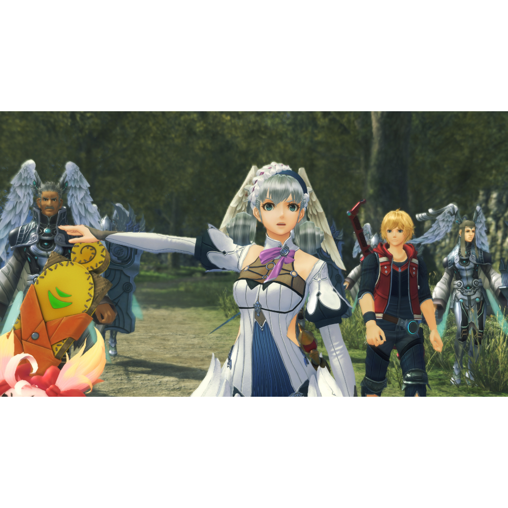 Group of winged fantasy characters standing in a forest, with a central female in white armor and blue accents leading the pose.