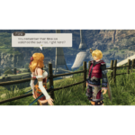 Fiora speaks to a blonde-haired character outdoors, saying, 'You remember that time we watched the sun rise, right here?'