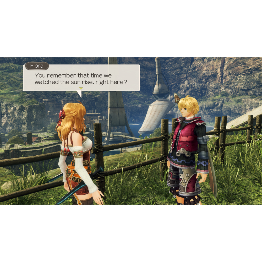 Fiora speaks to a blonde-haired character outdoors, saying, 'You remember that time we watched the sun rise, right here?'