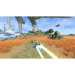 Rider on a glowing hoverbike speeds along a dirt path through orange grass toward ancient ruins and a dragon statue.