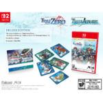 Zero_Azure_NS2_ESRB_US_DEGlamshot__102601778603386 - Video Game Depot Deluxe Edition Nintendo Switch cover for Trails from Zero and Trails to Azure, with game case and character cards scattered on a icy blue background.