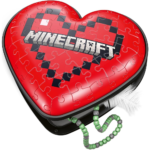 b9fc547e-5fa3-482b-902e-79b35fa72ac7__550461785269116 - Video Game Depot Red heart-shaped jigsaw puzzle lid with a Minecraft pixel-art design and the word 'Minecraft', atop a black case with a green bead chain.