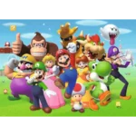 bcf111d7-1f14-4703-bc21-50228bc10155__056441785348489 - Video Game Depot Mario and friends from the Mario franchise pose together in a bright grassy landscape with blue sky and blocks in the background, as if celebrating a team victory.