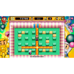 bebcdade-6daa-41ab-add9-2cd4c64c9f21__495871783709275 - Video Game Depot Retro Bomberman-like game screenshot: two characters navigate a green, blocky maze with lava-cross paths inside a pink arena.