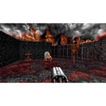 bloodrefreshedsupplyrevealtrailer-ign-blogroll-1758906779450__55486__880261778531474 - Video Game Depot First-person view in a hellish dungeon: a revolver points toward a skeletal figure and bloodstained ground amid flaming lava walls.