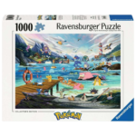 Box for a 1000‑piece Ravensburger Pokémon puzzle featuring a bright coastal scene with many Pokémon on a dock, in the water, and a lighthouse in the background.