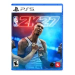 PlayStation 5 game case for NBA 2K27 with a basketball player on the cover and ESRB rating icon.