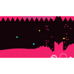 Neon pink spikes line the bottom and top of a dark arcade game scene, with small cyan and yellow shapes drifting across.