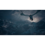 A giant icy dragon soars above snow-covered mountains at dusk.