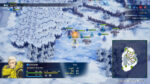 Snowy turn-based battle on a hex grid; highlighted ally unit in the center with surrounding blue-green units and a minimap on the right.