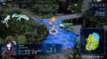 Tactical RPG battle on a hex grid with blue movement tiles; characters positioned on forested map, portrait and stats at bottom left, and a minimap at the right.