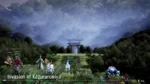 Fantasy game scene: heroes and monsters march toward a torii in a misty valley at dusk, with a shrine gate in the distance.
