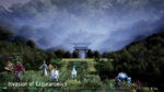 Title screen: Invasion of Kazuranomiya. A fantasy party of adventurers stands on a grassy path toward distant torii gates in a misty blue landscape.