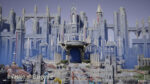 Massive fantasy castle with a blue central doorway, tall spires and arches, set in a stone plaza with armored figures in the foreground.