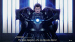 Man in dark, futuristic armor with a glowing blue chest core stands in a high-tech room, arms raised in a dramatic pose.