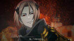 Tathis, a pale-skinned character with red eyes and hair clips, smirks as flames rage behind him; on-screen text reads 'Hm...? Interesting...'.