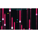 Neon platformer scene with tall pink block pillars and small colorful shapes, text 'CHECKPOINT REACHED' at the top.