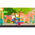 f47f1a49-f2bf-4b56-96c1-2f205c183f6c__562231782505427 - Video Game Depot Blue-haired, blue furred character in a pink floral dress stands on a colorful city street holding a pink suitcase, with a Sesame Street sign and green trees behind her.