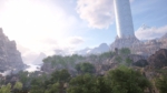 fc4f6d39-ee3d-4ed1-b62b-f060c458ed1a - Video Game Depot Futuristic white cylindrical tower rising from a rocky, forested valley with distant mountains and a bright sky could be a sci-fi landscape insight.