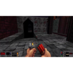 hq720__81067__536981778531465 - Video Game Depot First-person view in a dark dungeon, hands hold a pistol and a red melee object, health HUD visible at bottom left and ammo at bottom right.