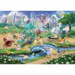 Vibrant fantasy playground full of colorful cartoon creatures exploring slides, bridges, and a glass globe fountain in a sunny park.
