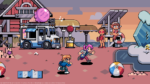 Pixel-art beach scene with a blue truck, pink balloon atop, and people playing near the water at sunset.