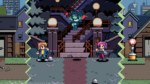 Pixel-art side-scroller scene: two heroes on a city street face a blue demon on a staircase amid lamps and buildings, with a zigzag split-screen edge on both sides.