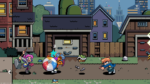 Pixel-art game scene: colorful characters battle in a cluttered suburban backyard in front of garages and a purple house, city skyline behind.
