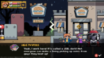Nighttime pixel-art street scene with two cartoon characters talking in front of a storefront; dialogue text appears at the bottom, and the left side shows a character portrait with HP bars as part of the game UI.
