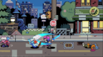 Pixel-art street battle: two armored fighters clash with a glowing blue sword amid a city backdrop.
