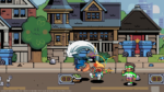Pixel-art action scene: two fighters battle a large white dragon-like boss on a city street, with houses, trees, and dumpsters in the background.