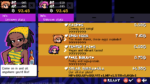 Pixel-art shop screen: left character portrait, orange stacked item list (Nachos, Eggs, Tacos) with descriptions and prices on the right, bright UI elements.