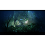 village-in-the-shade-screen-01__472541786031441 - Video Game Depot Two small characters stand in a moonlit forest clearing; a blond child shines a light on a crate while another figure watches nearby.