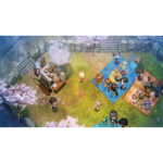 village-in-the-shade-screen-03__044421786031442 - Video Game Depot Top-down view of cute chibi characters having a picnic on colorful blankets with food and drinks in a garden setting with cherry blossoms of frame edges.