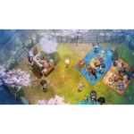 village-in-the-shade-screen-03__815991786031542 - Video Game Depot Chibi-style characters having a picnic in a stone-walled garden with food on blue and orange blankets and cherry blossoms around.