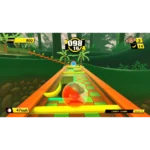 First-person view on a neon jungle racing track with a banana obstacle; speed 47 km/h, Stage 5: Jumble Jungle in the HUDs.