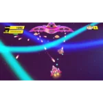Colorful space shooter: pink player ship at bottom fires rockets at a large pink enemy mothership; score 1060 shown on the left panel in yellow.