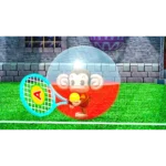 Cartoon monkey holding a tennis ball inside a translucent protective dome on a bright court.