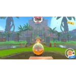 Character inside an orange bubble rolling along a tropical racecourse toward a stepped temple pyramid with palm trees and banners in the background.