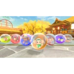 Row of colorful monkey characters inside transparent bubbles lined up on a sunny plaza with autumn trees and traditional buildings in the background.