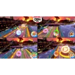 Four-panel collage of a vibrant arcade racing game on a rainbow wooden track at sunset, with glowing bubbles and characters racing ahead.