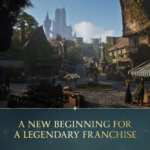 Medieval village square with market stalls and a distant castle; bottom banner reads 'A NEW BEGINNING FOR A LEGENDARY FRANCHISE'.