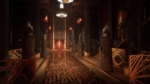 078a144e-465a-4b1d-bea5-8a393815b792 - Video Game Depot Dim throne room with geometric floor, tall pillar statues bearing helmets, and a red throne at the far end under warm hanging lights.