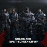 0f723675-c569-4ded-9928-a3c3b67c8f63__996451785958475 - Video Game Depot Four heavily armored soldiers stand together in a dark setting, holding large guns; text below reads 'ONLINE AND SPLIT-SCREEN CO-OP'.