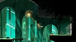 156cb744-1c59-472f-a752-a3427d09d897 - Video Game Depot Hero swings on a glowing rope through neon teal ruins with tall arches and waterfalls in the background.