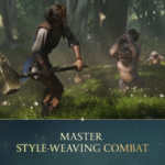 A battle-ready warrior swings a large hammer at blob-like monsters in a sunlit forest clearing, daisies in the grass and a blue banner with 'Master Style-Weaving Combat' at the bottom.