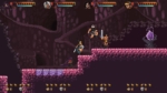 1a356d7a-2385-4fac-ab93-e41a6b832943 - Video Game Depot Pixel-art action game scene: four armored heroes fight on a pink brick ledge in a dark cavern, with a purple crystal on the right.